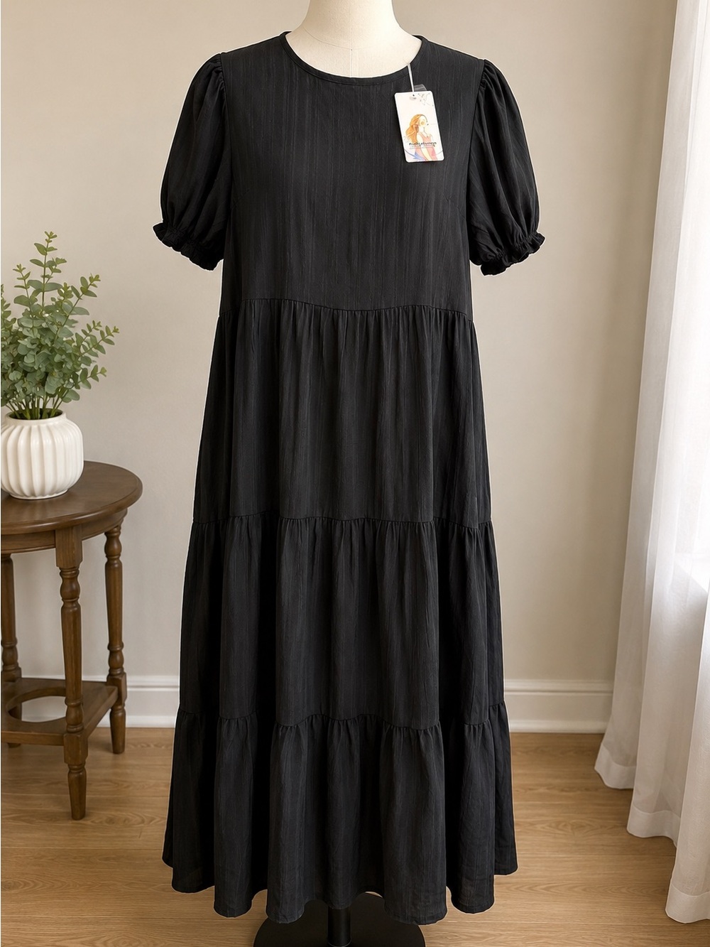 NWT PrettyGarden Black Tiered Maxi Dress Puff Sleeve Size Large